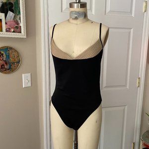 CHAIKEN Black & Beige Flattering low-cut One piece Bathing Suit Bikini *LARGE*
